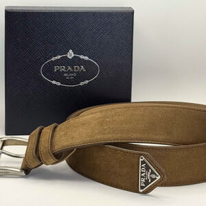 Prada Women's Brown Suede Leather Belt Size 90 36" M-L NEW IN BOX Triangle Logo